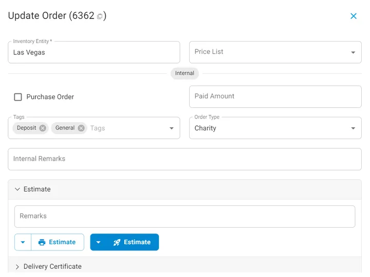 Order management estimates delivery certificates